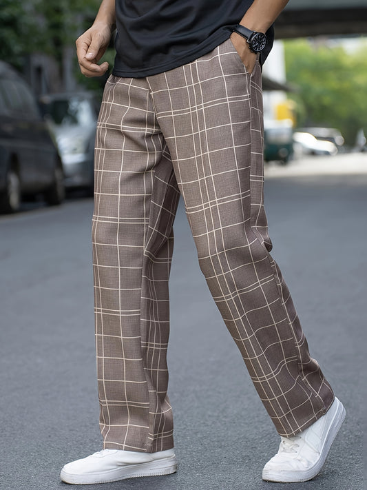 Men's Vintage-Inspired Plaid Dress Pants - Loose Fit, Straight Leg, Polyester, Non-Stretch Fabric for All Seasons