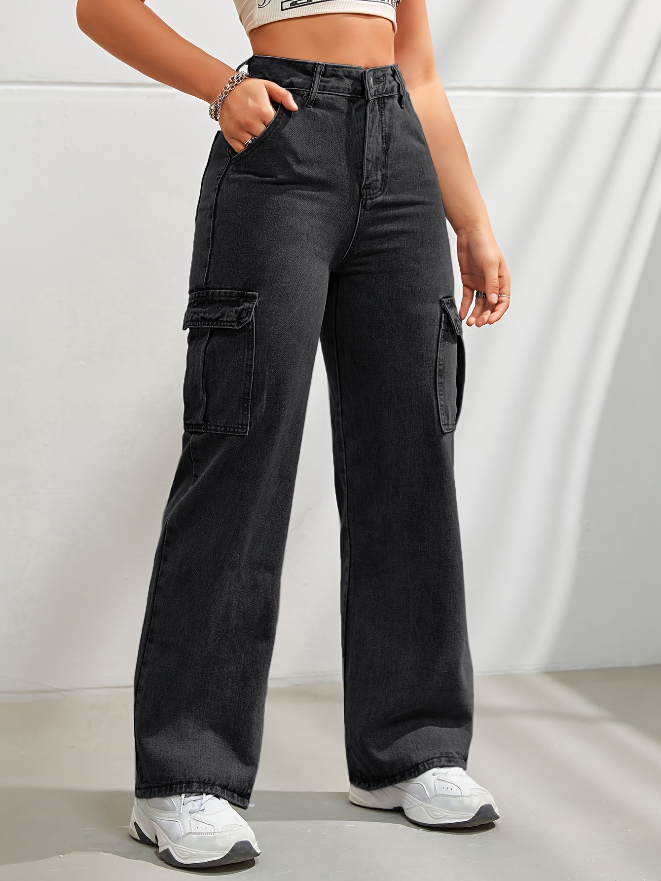 Women's Casual Wide Leg Denim Cargo Pants, Fashion Plain Jeans With Side Pockets, High Waist And Relaxed Fit For Fall