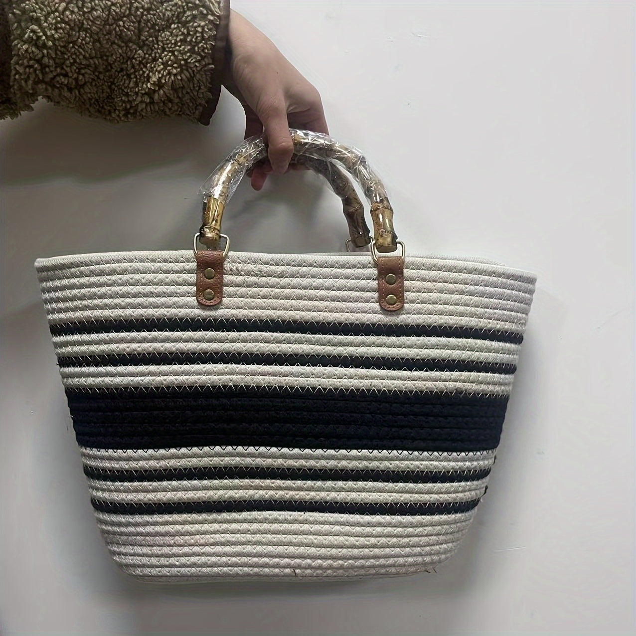 1pc Handmade Woven Cotton Rope Bags, Bamboo Joint Bags, Straw Woven Bags, Simple Commuting Handbags, Multiple Styles Of Tote Bags