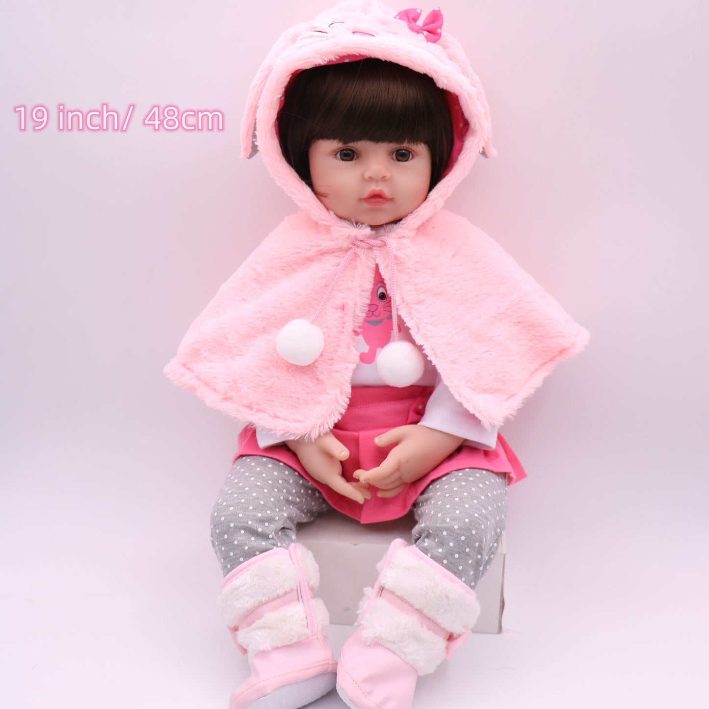 Adorable 19 Soft Vinyl Reborn Baby Doll with Glued Hairwig and Pink Rabbit Outfit, Halloween/Thanksgiving Day/Christmas Gift Carnival Easter Gift