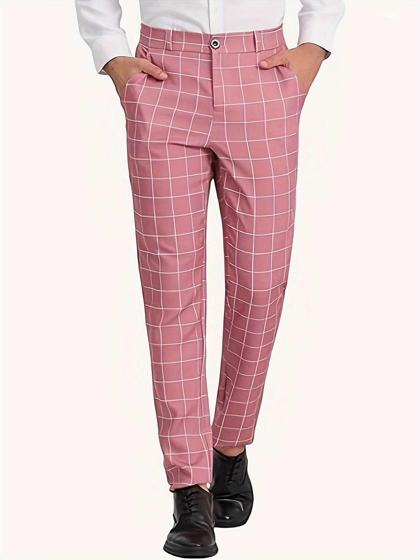 Classic Plaid Design Dress Pants, Men's Formal Slightly Stretch Dress Pants For Business Occasions