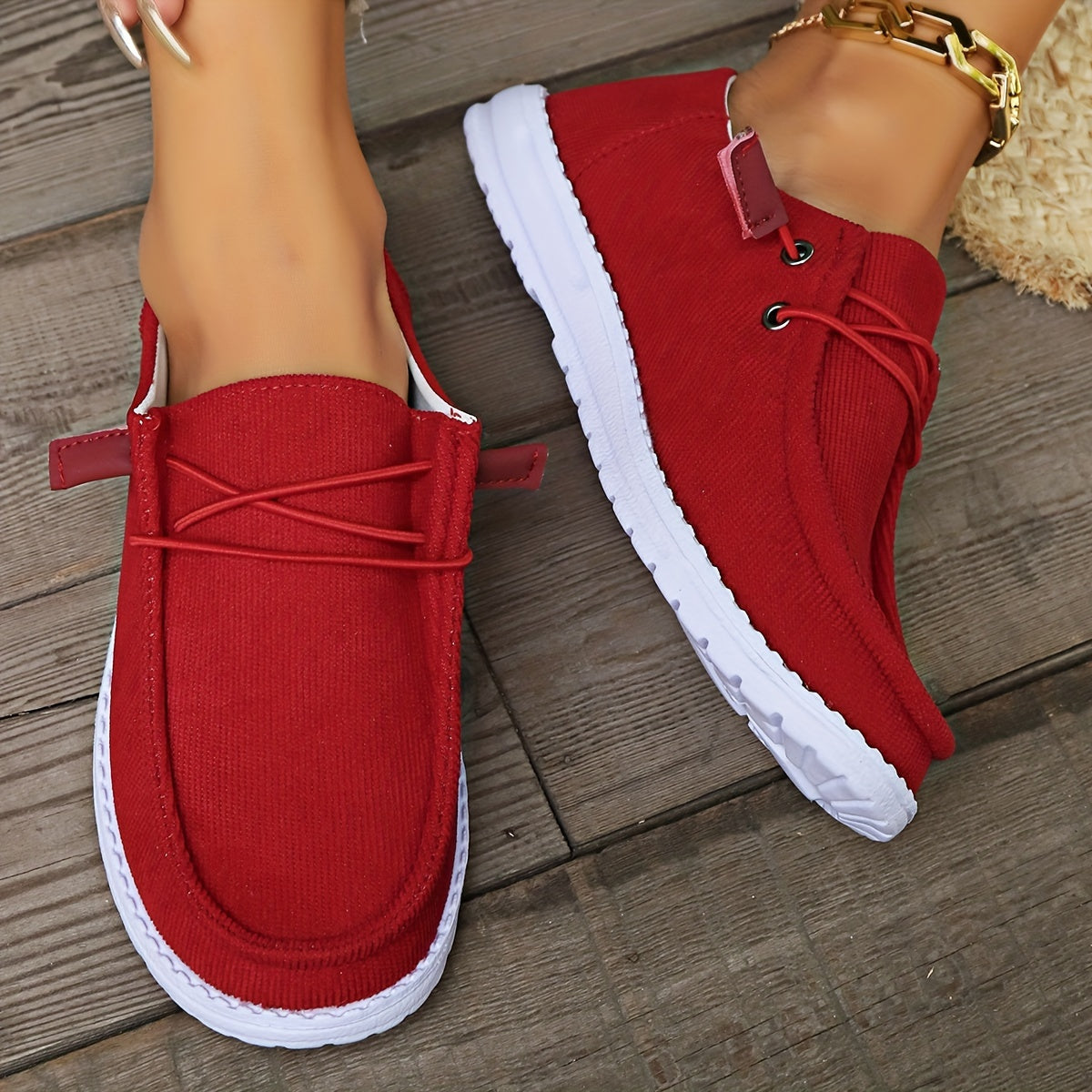 Women's Casual Slip-On Sneakers, Round Toe Lace-up Flats, Breathable Canvas Shoes With Rubber Sole, Lightweight Comfort Walking Shoes, Large Size - Red