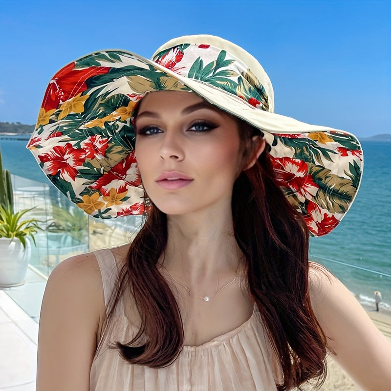 Women's Summer Beach Hat with Extra Large Brim, Outdoor Vacation Travel Hiking Foldable Sun Hat, Korean Version UV Protection Sunshade Cap, Elegant with Gift Ribbon and Windproof Rope