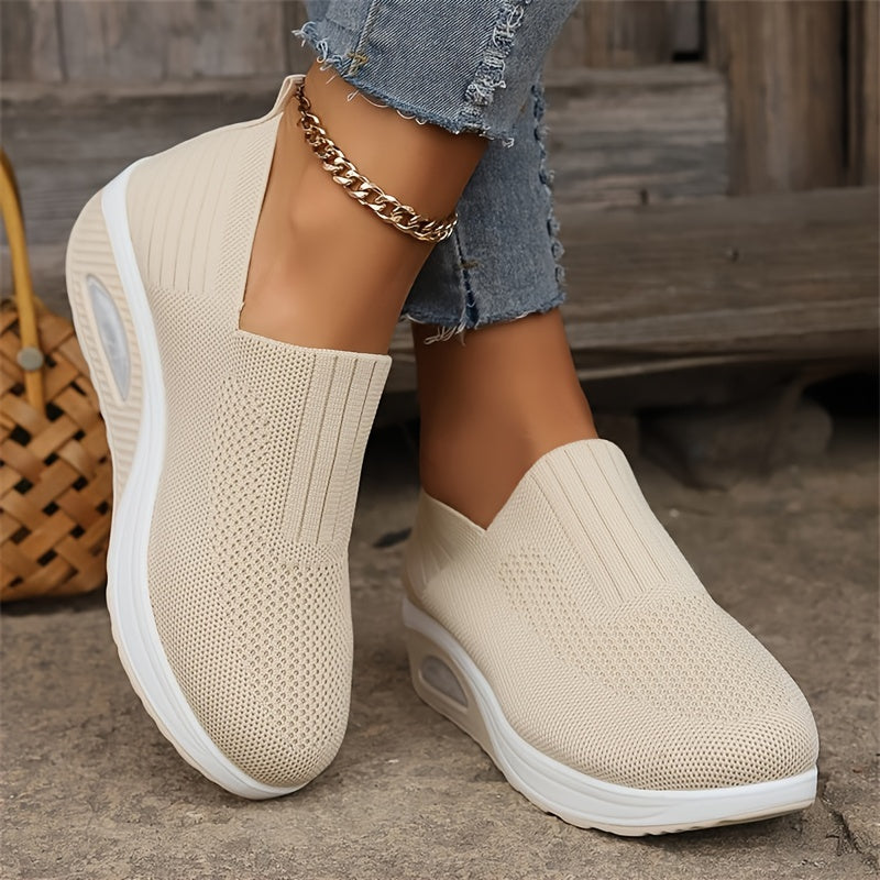 Women's Solid Color Knitted Sneakers, Platform Slip On Soft Sole Walking Shoes, Breathable Low-top Wedge Shoes fall