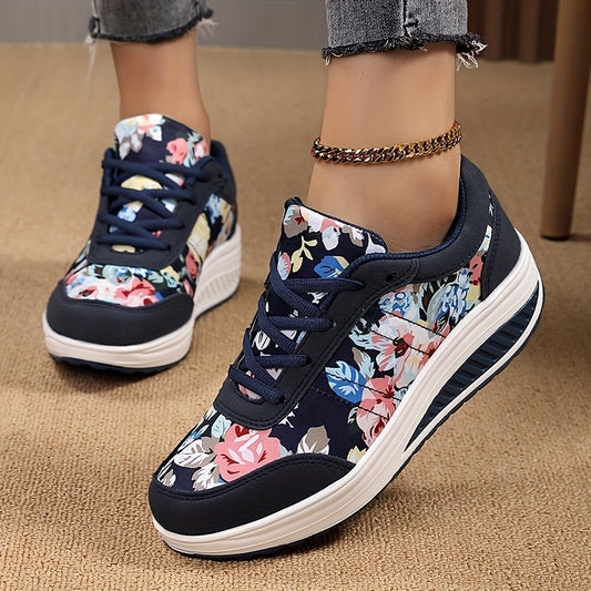 Women's Vintage Print Casual Sneakers, Lace Up Platform Soft Sole Walking Shoes, Round Toe Sporty Rocking Trainers