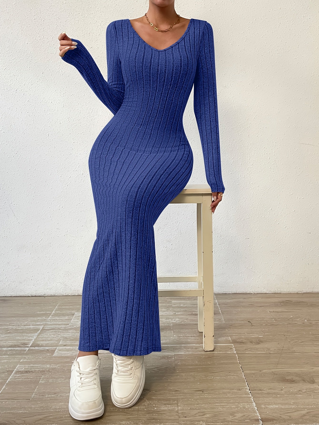 Ribbed Solid Dress, Casual Crew Neck Long Sleeve Maxi Dress, Women's Clothing