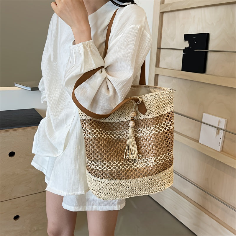 Casual Style Tote Bag With Tassel, Large Capacity Fabric Bag, Beach And Travel Bag For Women