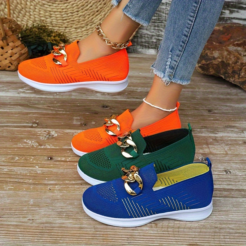 Women's Buckle Decor Sock Sneakers, Stylish Breathable Knitted Slip On Trainers, Comfy Outdoor Walking Shoes