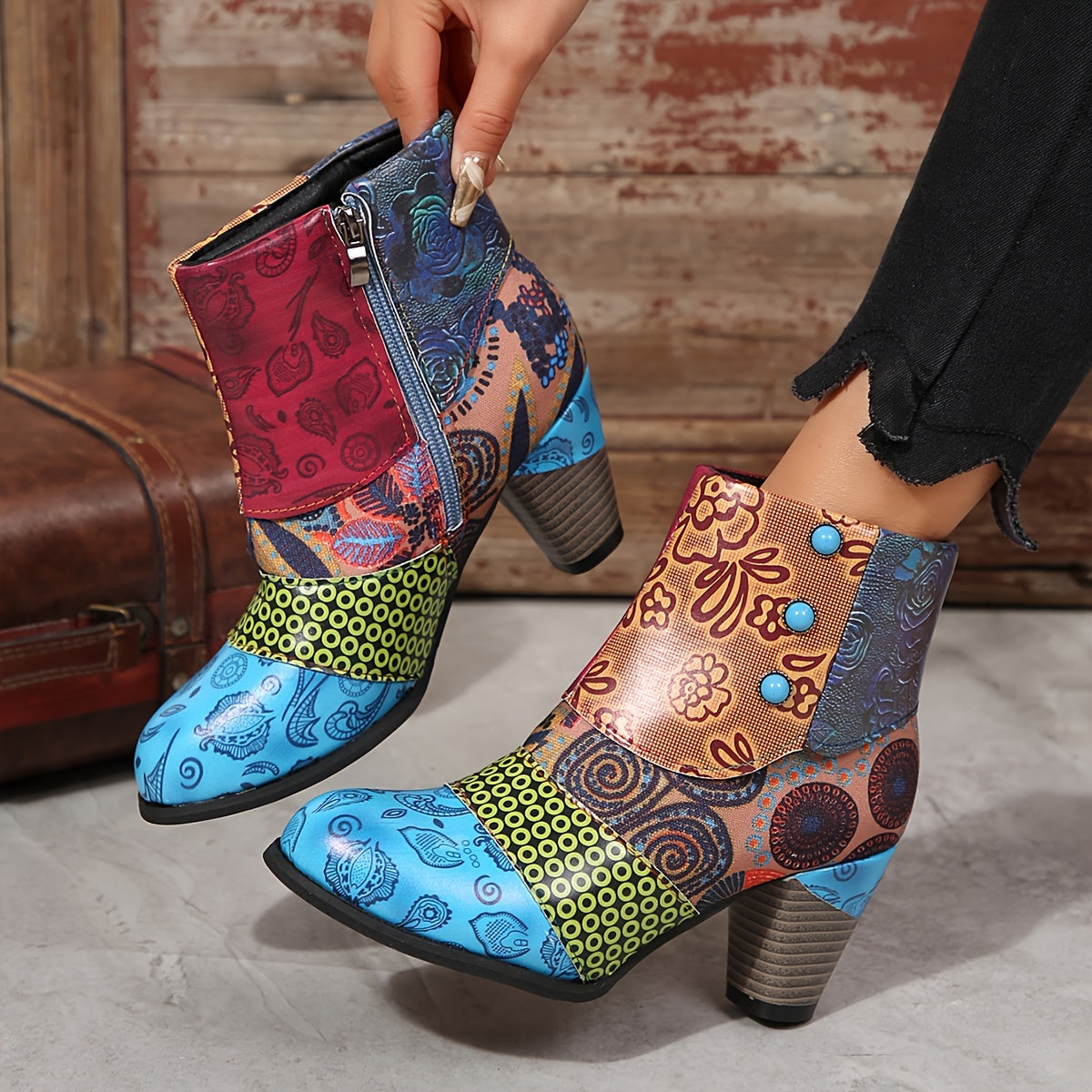 Women's Floral Pattern Boots, Side Zipper Casual Chunky Heel Ankle Boots, Versatile Round Toe Boots