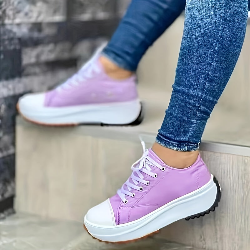 Women's Chunky Canvas Shoes, Non Slip Lace Up Casual Sneakers, Thick Sole Running Sports Shoes