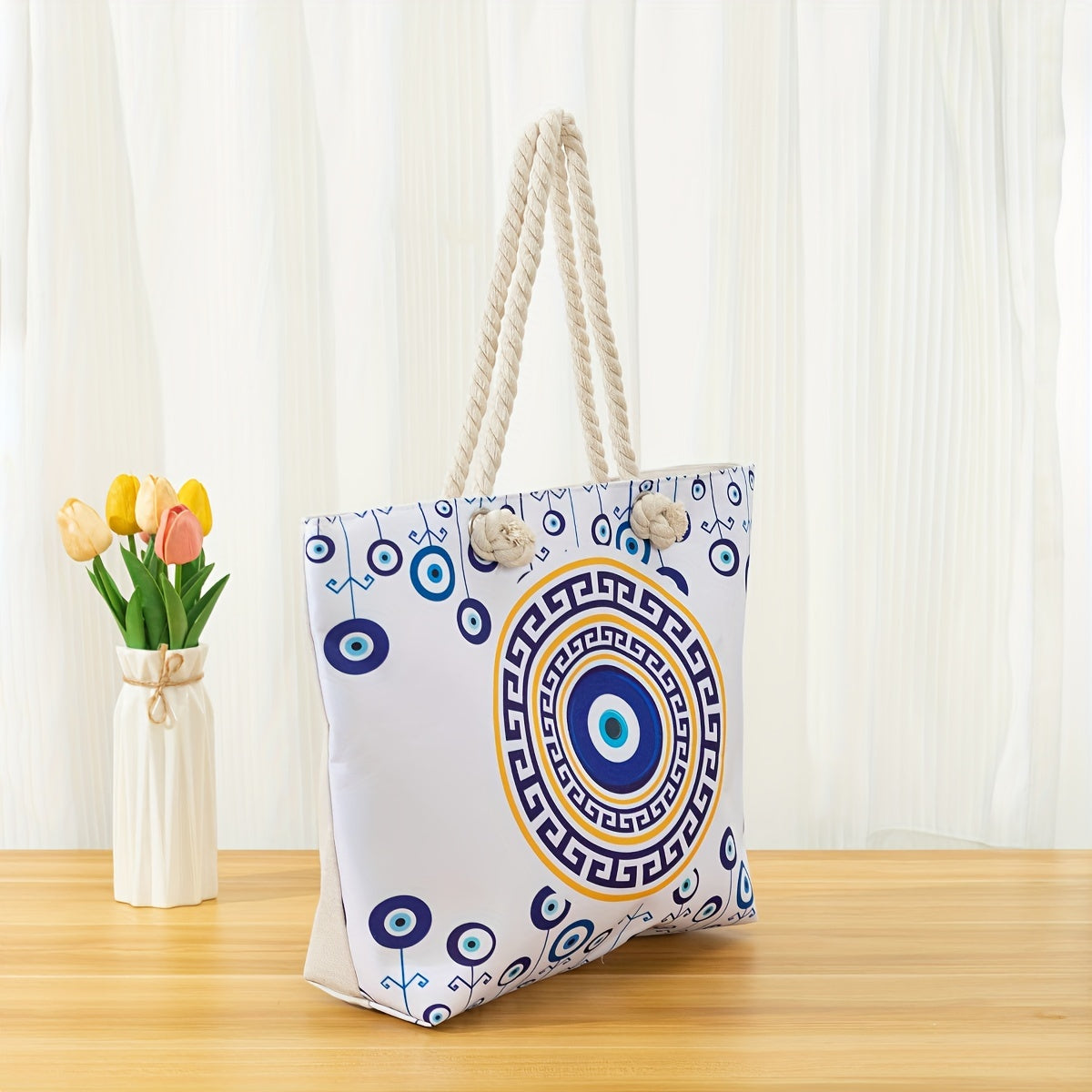 Large Capacity Women's Beach Tote Bag, Mysterious Blue Circle Print, Casual Nylon Shoulder Bag With Comfortable Handles For Travel & Outdoor