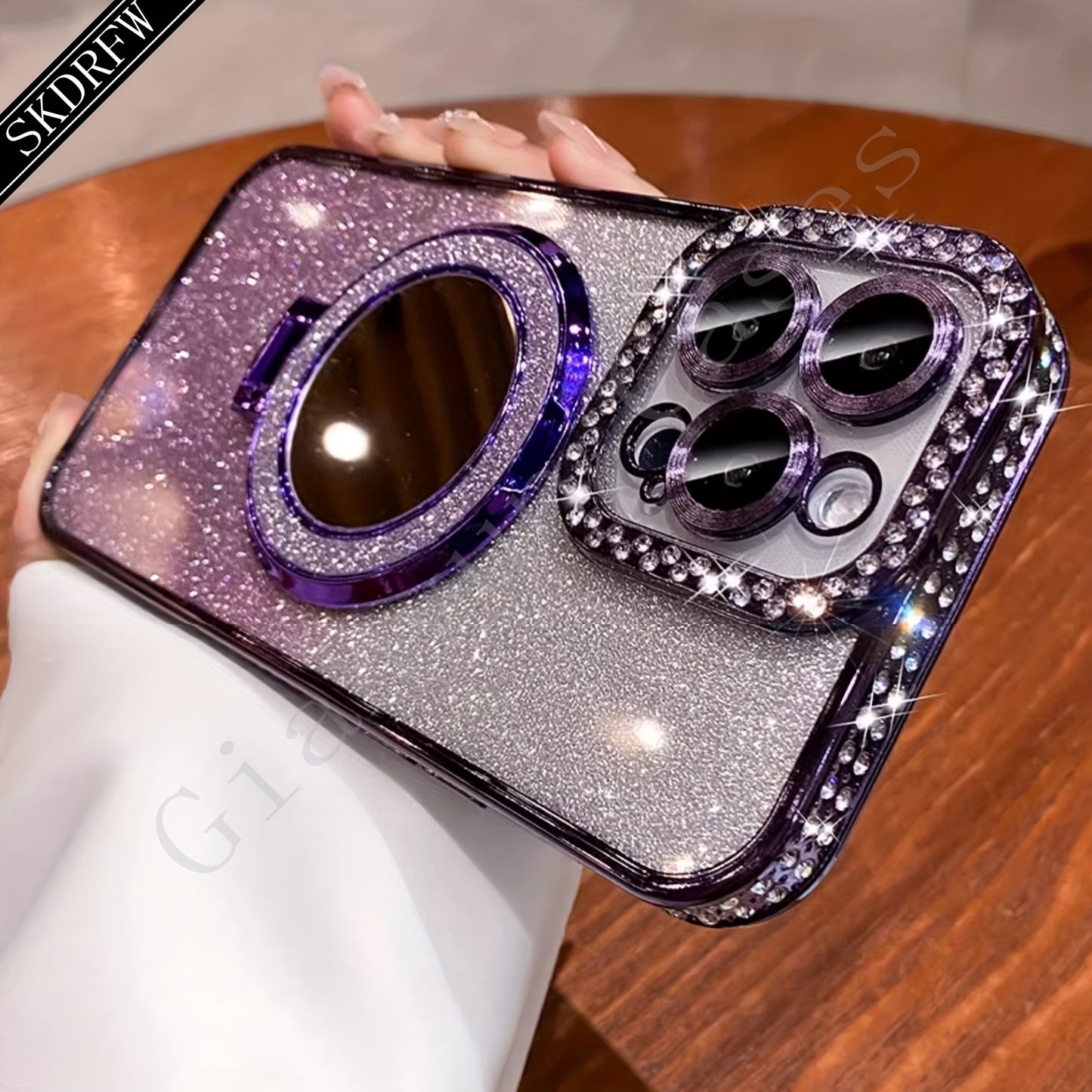 New Luxury High-Grade Glitter Double Row Diamond Mirror Magnetic Bracket All-Inclusive Lens Mobile Phone Case Suitable for Apple for Iphone 16 15 14 13 12 11 Pro Max / Niche Transparent Anti-Fall Soft Glue Protective Back Cov