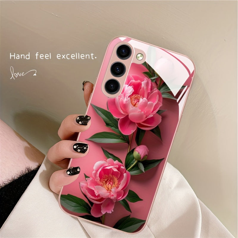 Pink Flower Glass Phone Case For SamSung For Galaxy Series - S24/S24 Plus/S24 Ultra, S23/S23 Plus/S23 Ultra, S22/S22 Plus/S22 Ultra, S21/S21 Plus/S21 Ultra/S21 FE, S20/S20 Plus/S20 Ultra, A03/A04, A13/A14/A22/A23/A25, A32/A33