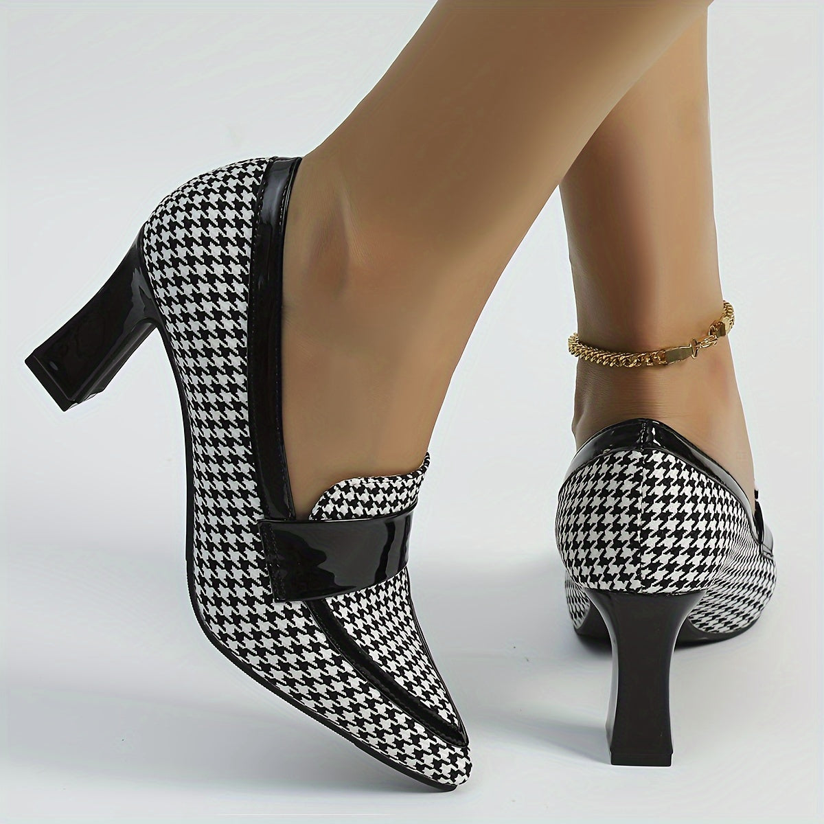 Women's Houndstooth Pattern Pumps, Fashion Pointed Toe Block Heels, All-Match Going Out Shoes