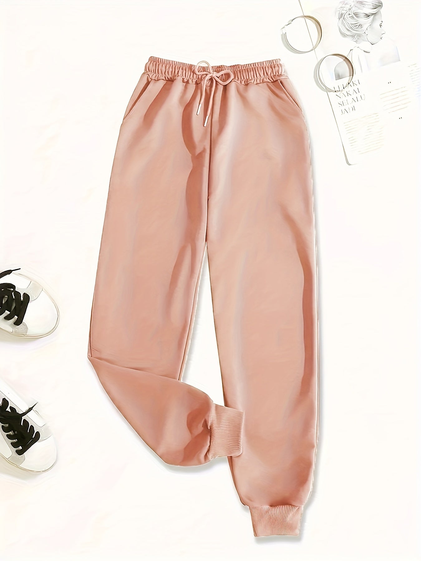 Drawstring Waist Fitted Bottom Joggers, Casual Solid Color Pants For Spring & Summer, Women's Clothing