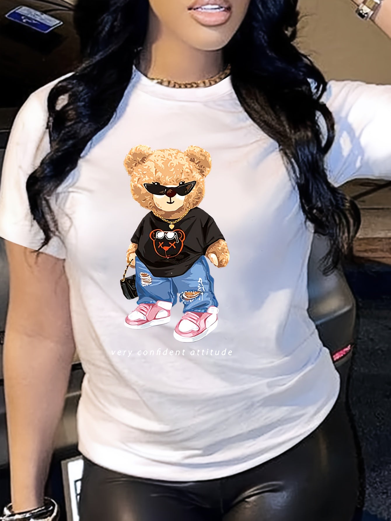 Cartoon Bear Print T-shirt, Short Sleeve Crew Neck Casual Top For Summer & Spring, Women's Clothing