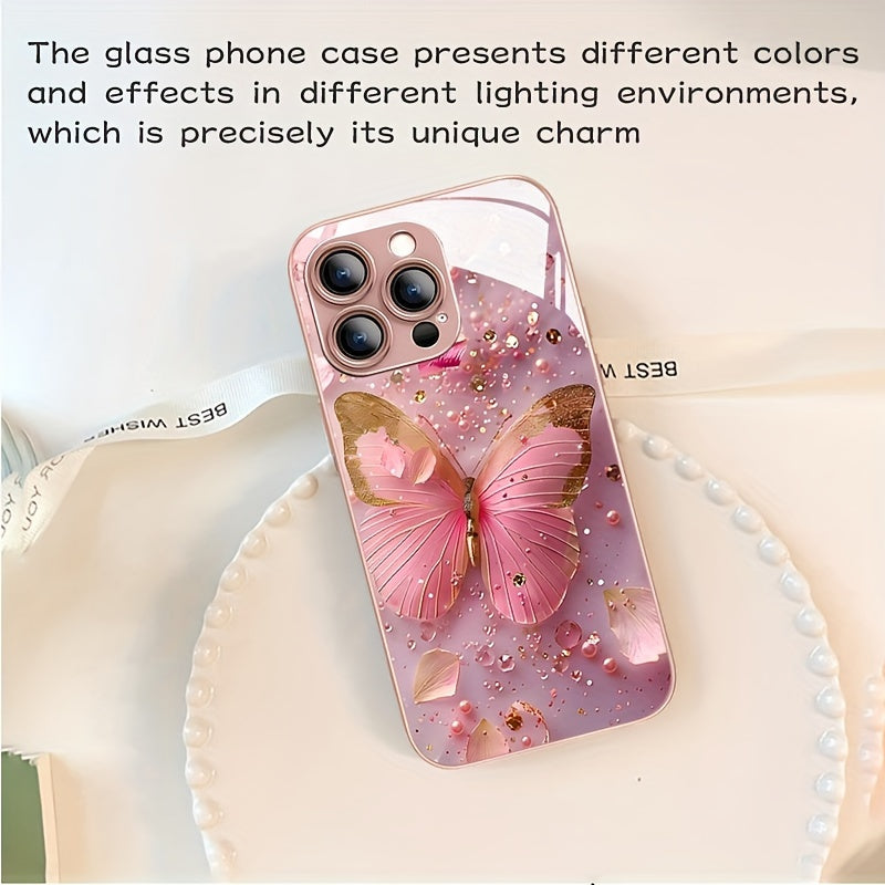 Engraved Pink Butterfly Pattern Glass Phone Case for iPhone 16/16Plus/16Pro/16ProMax 15/15Plus/15Pro/15ProMax/14/14Plus/14Pro/14ProMax/13/13Pro/13ProMax/12/12Pro/12ProMax/11/11/11Pro Max/x/xs/xr/xs max/7/8/7 Plus/8 Plus