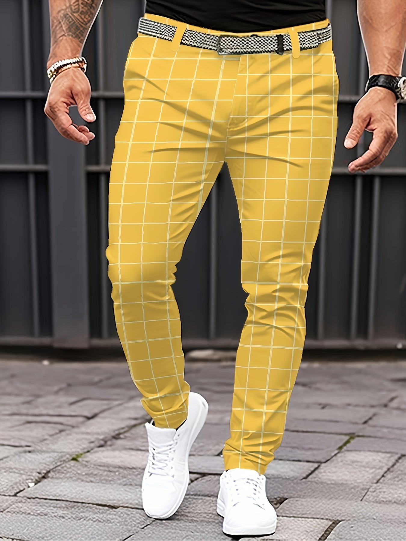 Palid Pattern Design Dress Pants, Men's Casual Slightly Stretch Dress Pants For All Seasons