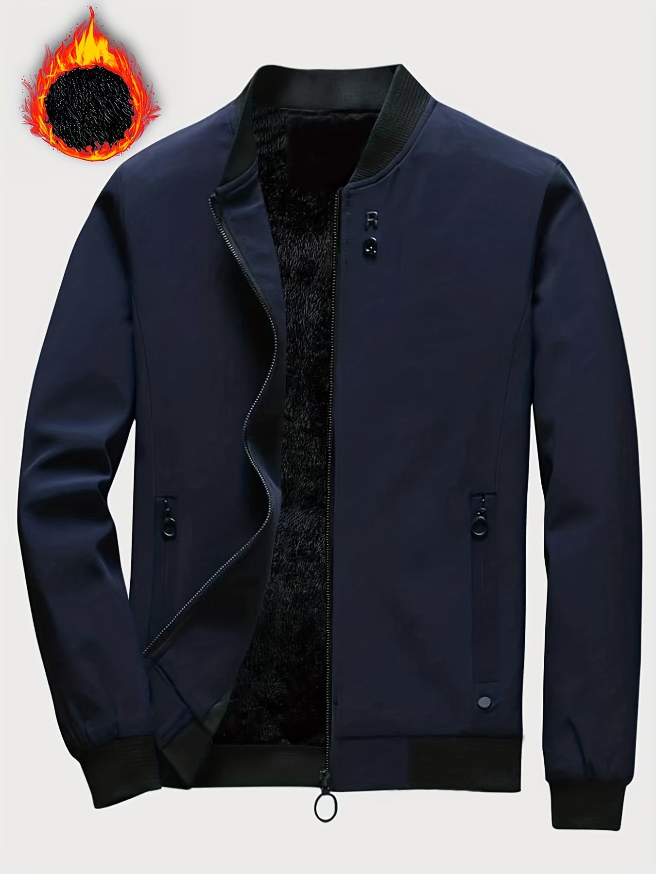 Solid Color Sherpa Lined Men's Stand Collar Jacket Casual Long Sleeve With Zipper Gym Sports Coat For Spring Fall