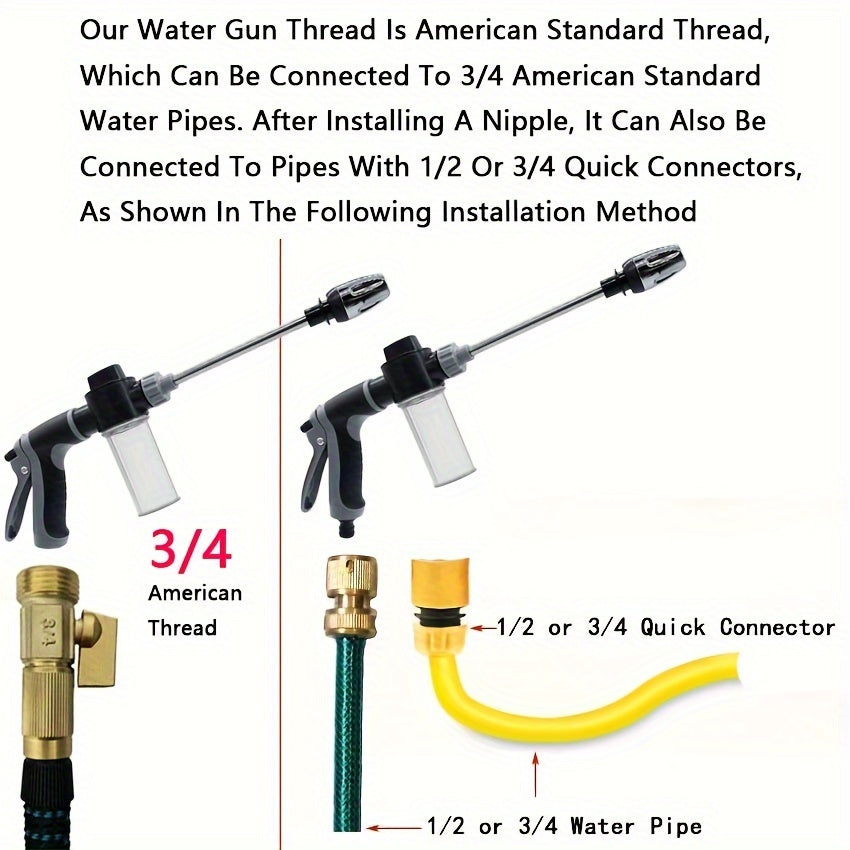 1PC High Pressure Car Wash Water Gun, Multi-Function Garden Hose Nozzle, Adjustable Thickened Rod Sprayer with Plated Copper Tip, Universal 3/4" and 1/2" Quick Connect Adapter for Cleaning Tools