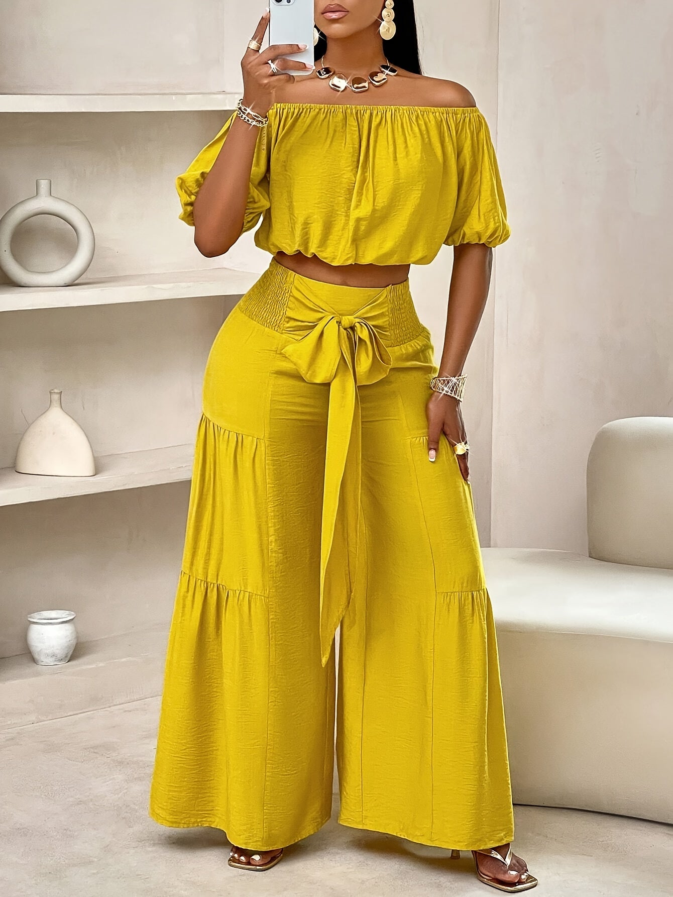 Solid Two-piece Pants Set, Vacation Style Off Shoulder Puff Sleeve Top & Loose Tie Shirred Waist Wide Leg Pants Outfits For Summer, Women's Clothing