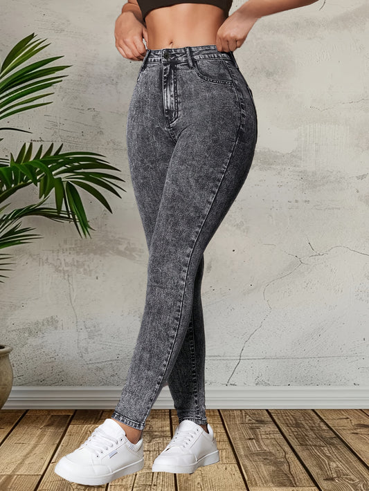 Skinny Fit Plain Washed Grey Casual Style Zipper Button Closure Denim Pants, Women's Denim Jeans & Clothing