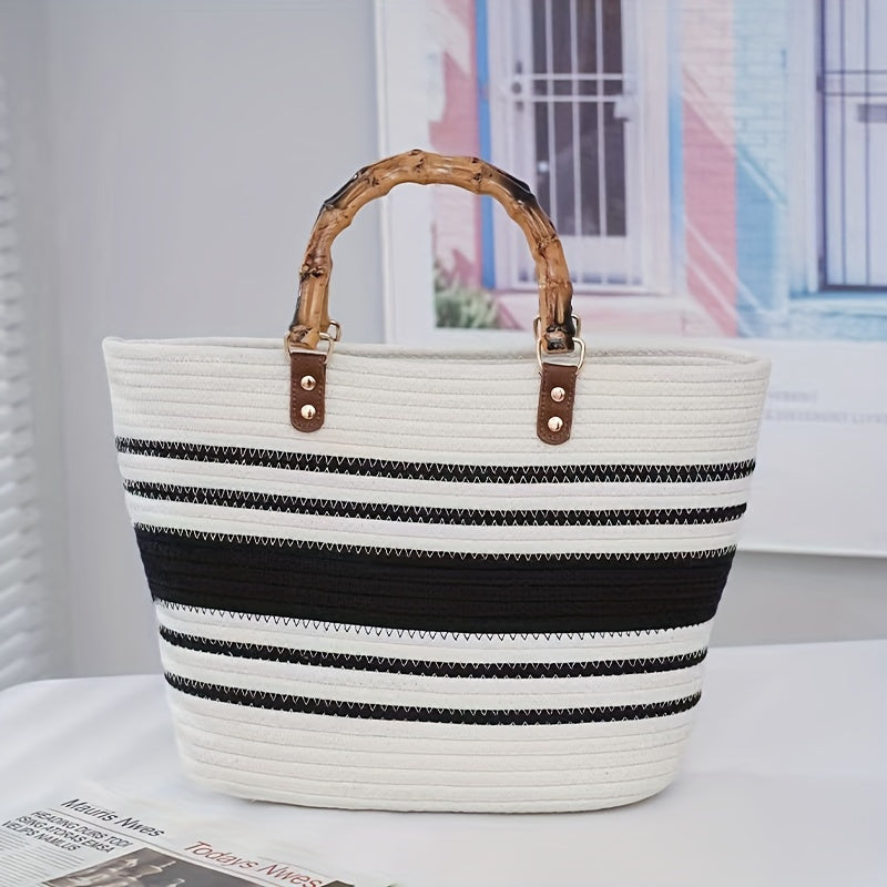 1pc Handmade Woven Cotton Rope Bags, Bamboo Joint Bags, Straw Woven Bags, Simple Commuting Handbags, Multiple Styles Of Tote Bags