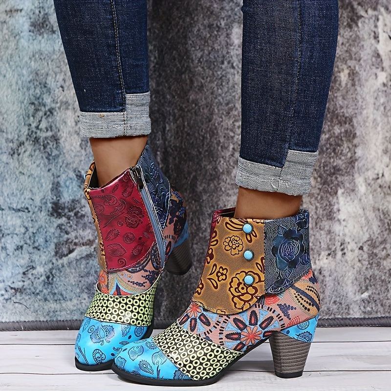 Women's Floral Pattern Boots, Side Zipper Casual Chunky Heel Ankle Boots, Versatile Round Toe Boots