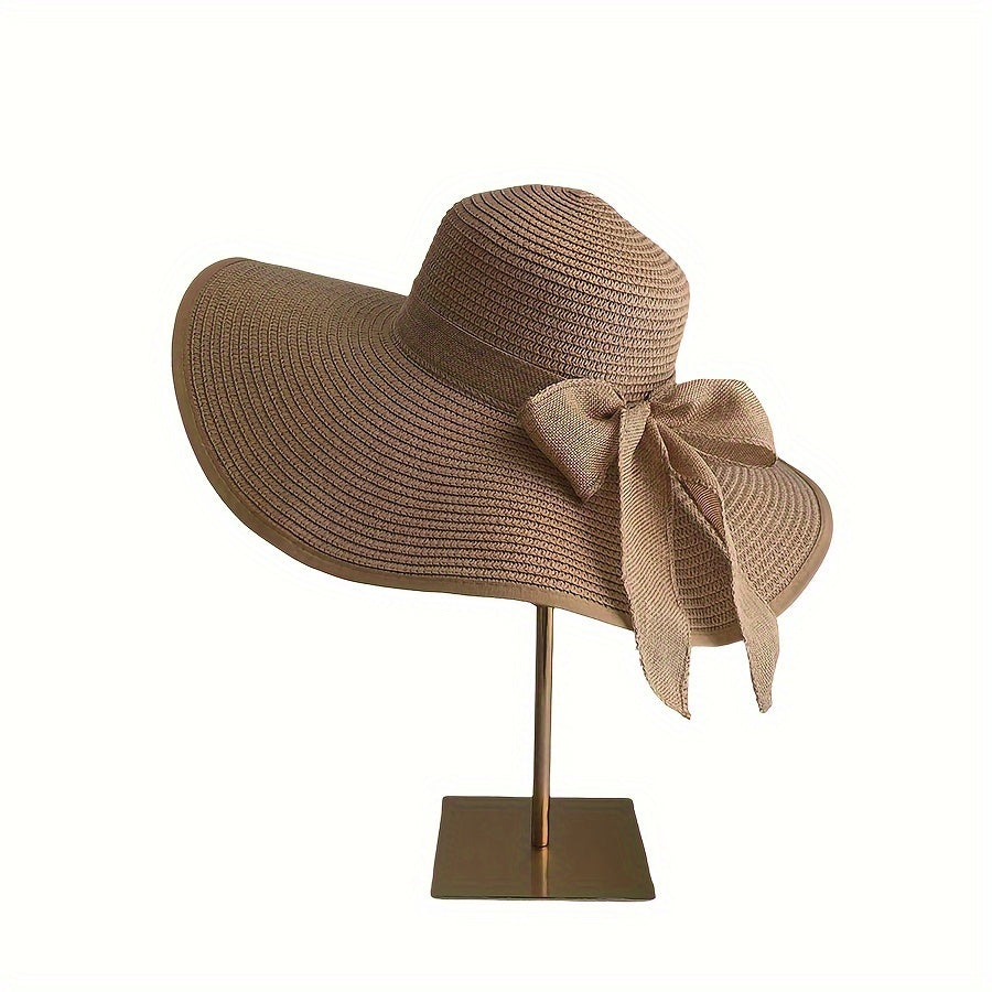 Women's Extra Large Brim Straw Sun Hat, Summer UV Protection Wide Brim Hat with Bowknot, Beach Sunshade Floppy Hat, Elegant Vacation Travel Sun Cap