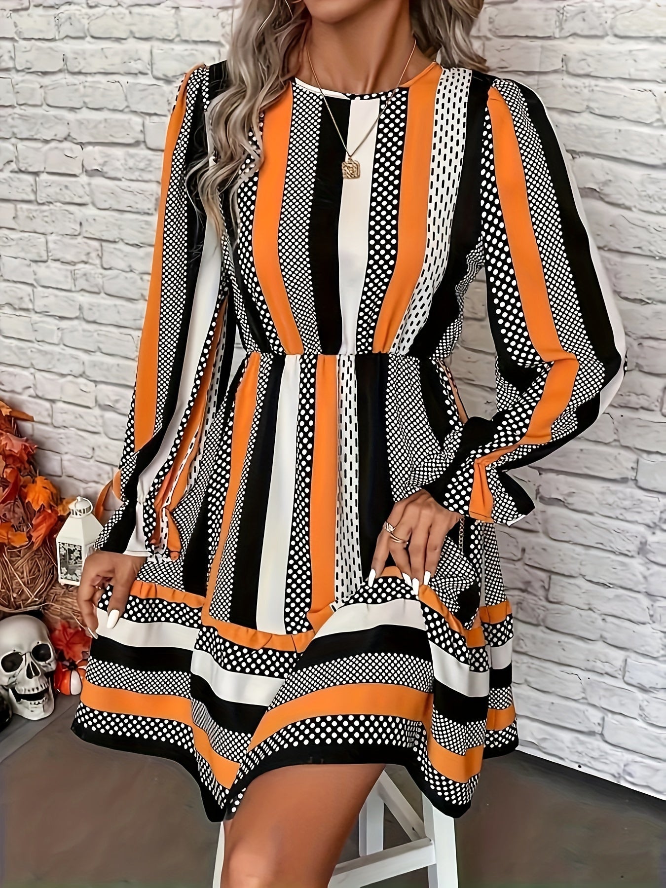 Striped Crew Neck Dress, Elegant Long Sleeve Dress For Spring & Fall, Women's Clothing