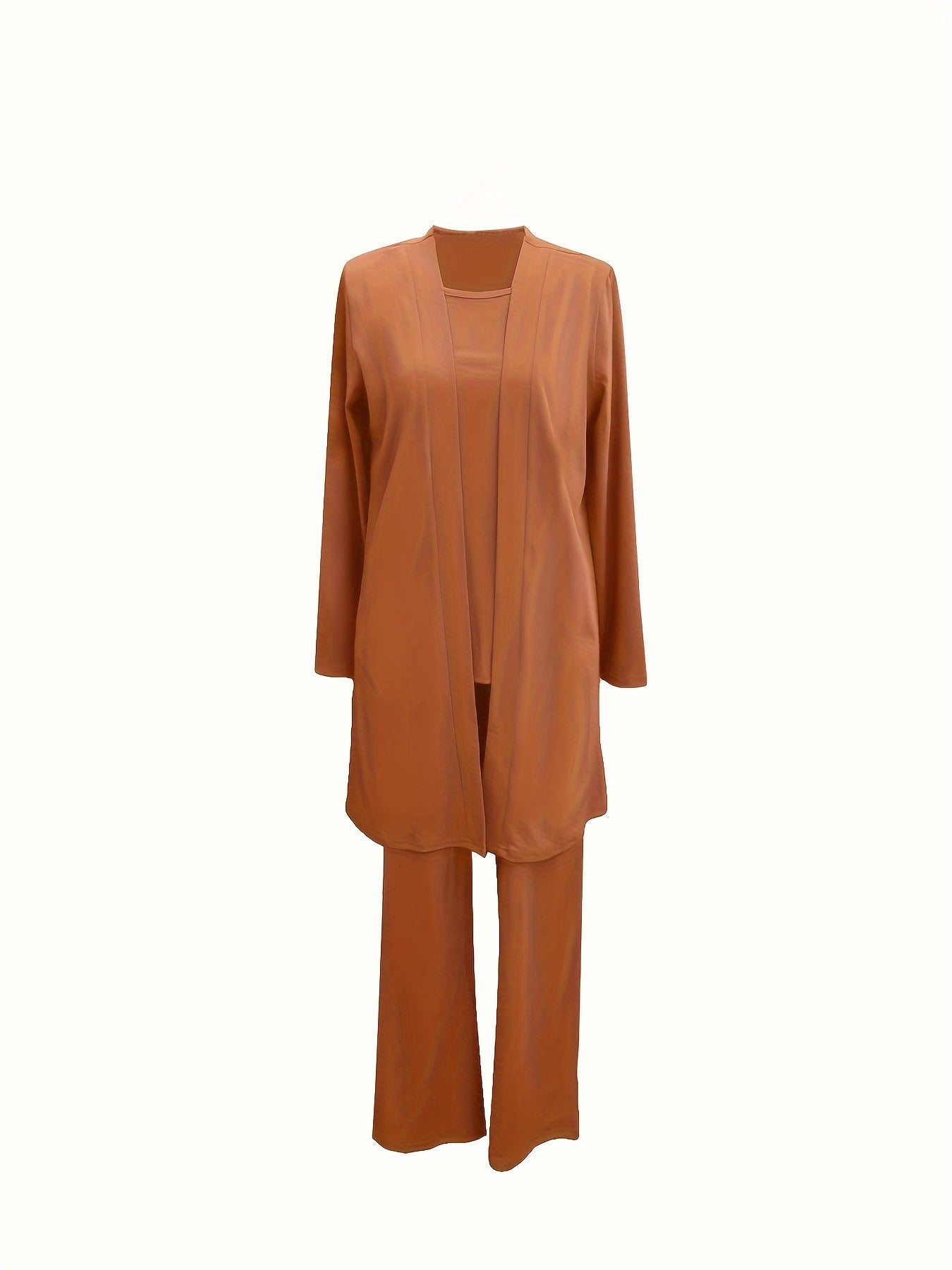 Casual Three-piece Solid Set, Long Sleeve Cardigan & Top & Long Pants Outfits, Women's Clothing