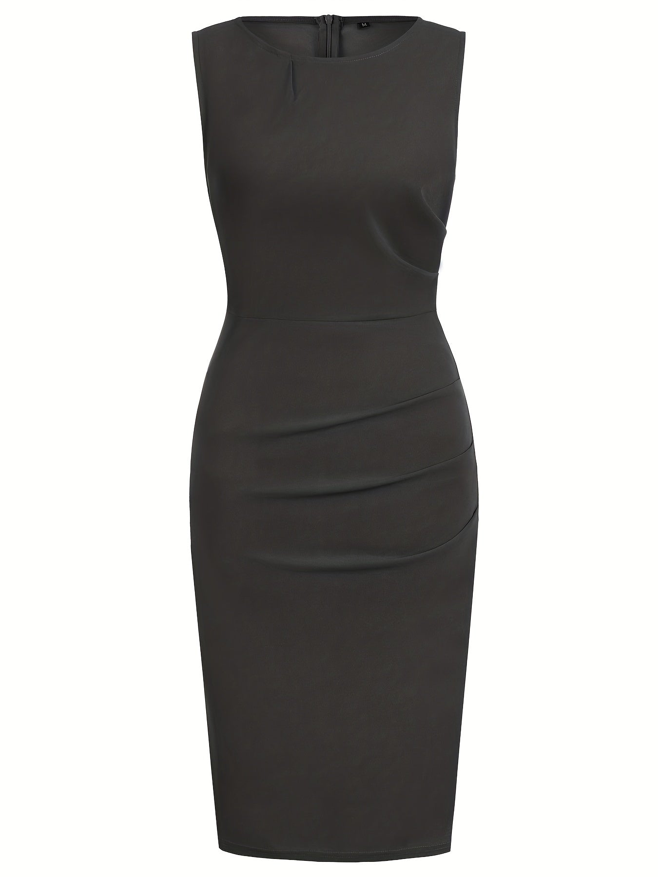 Ruched Pencil Dress, Elegant Crew Neck Sleeveless Work Office Dress, Women's Clothing