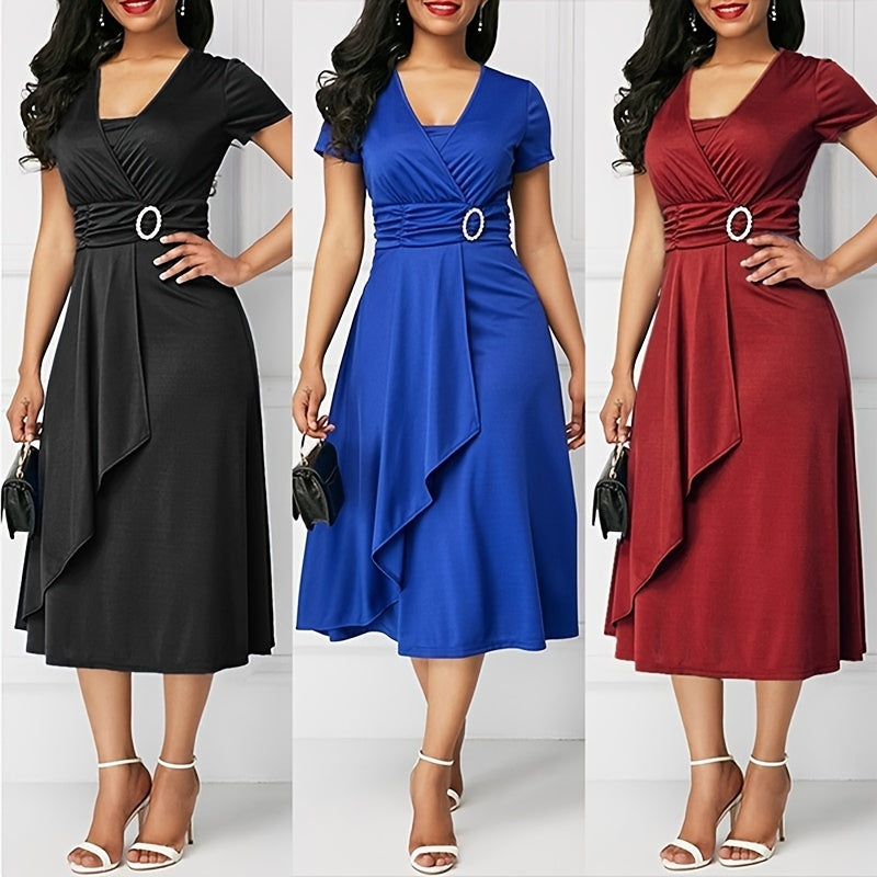 Cinched Waist V Neck Midi Dress, Elegant Short Sleeve Asymmetrical Ruffle Hem Dress For Party, Women's Clothing