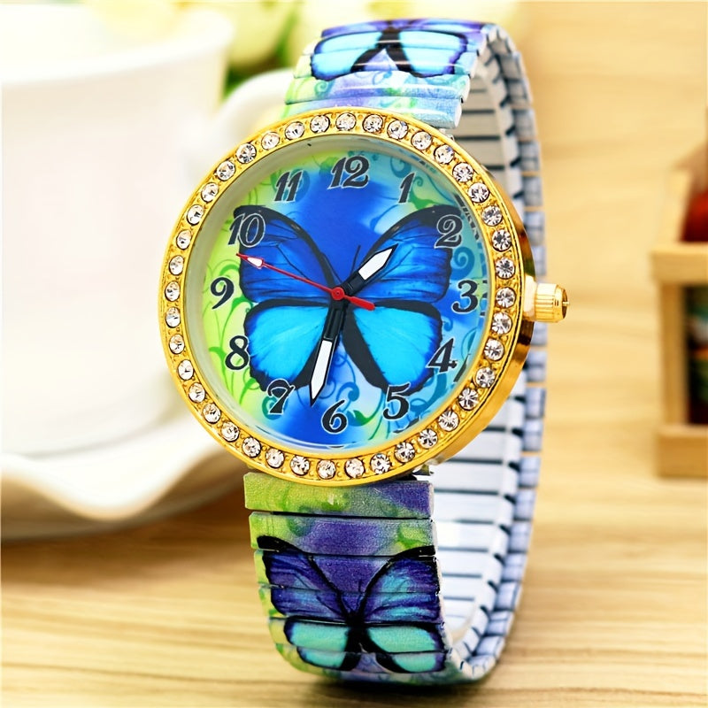 Stretch Strap Butterfly Watch Women's With Rhinestone Rubber Wrist Watch Quartz Watch