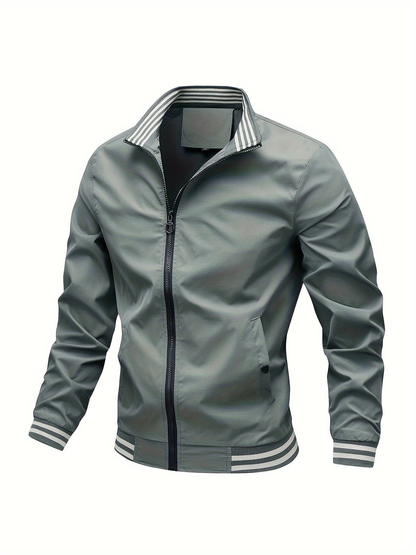 Men's Striped Jacket With Pockets, Casual Stand Collar Zip Up Long Sleeve Outwear For Outdoor