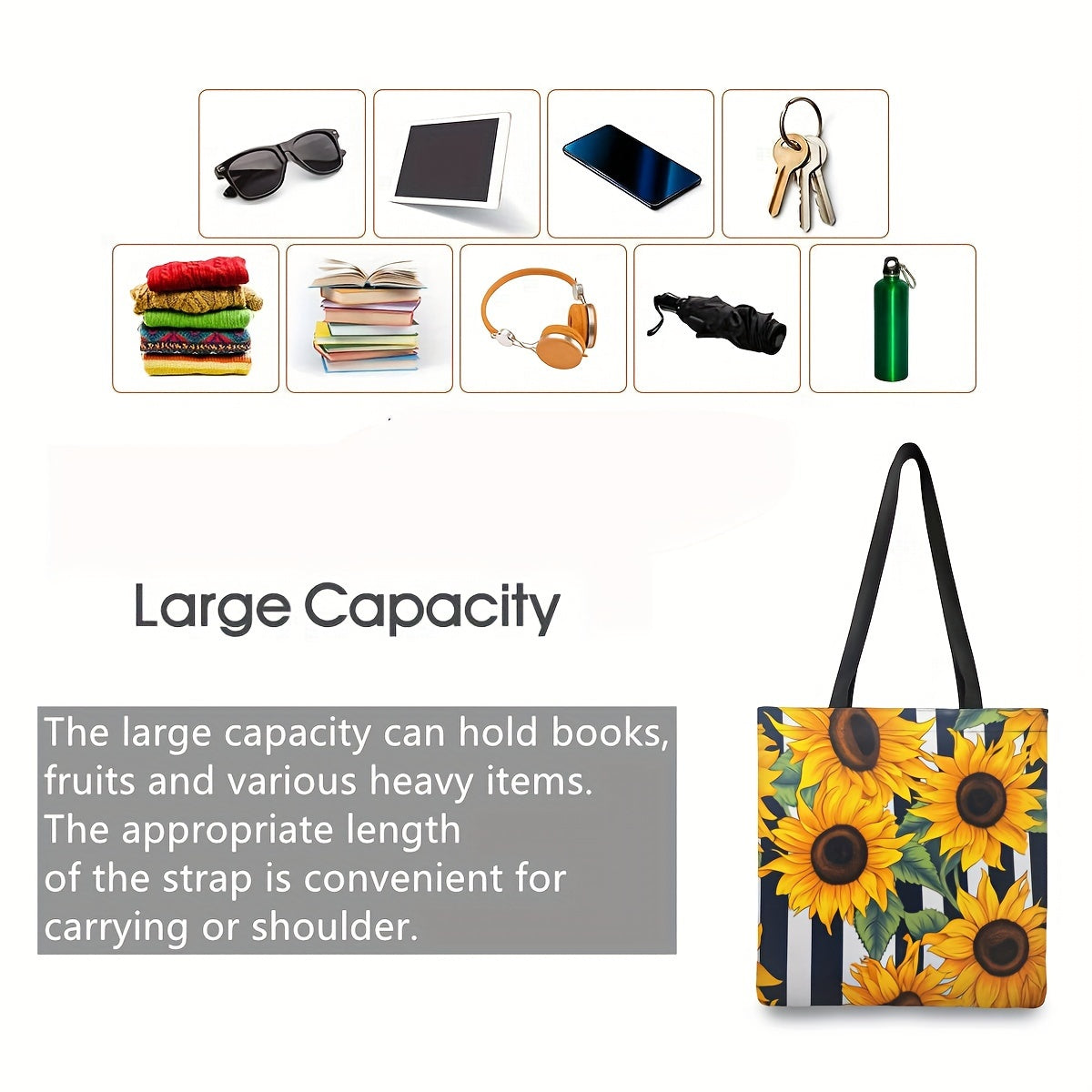 Stylish Sunflowers Printed Shoulder Bag, All-Match Versatile Shopping & Commuting Handbag For Women