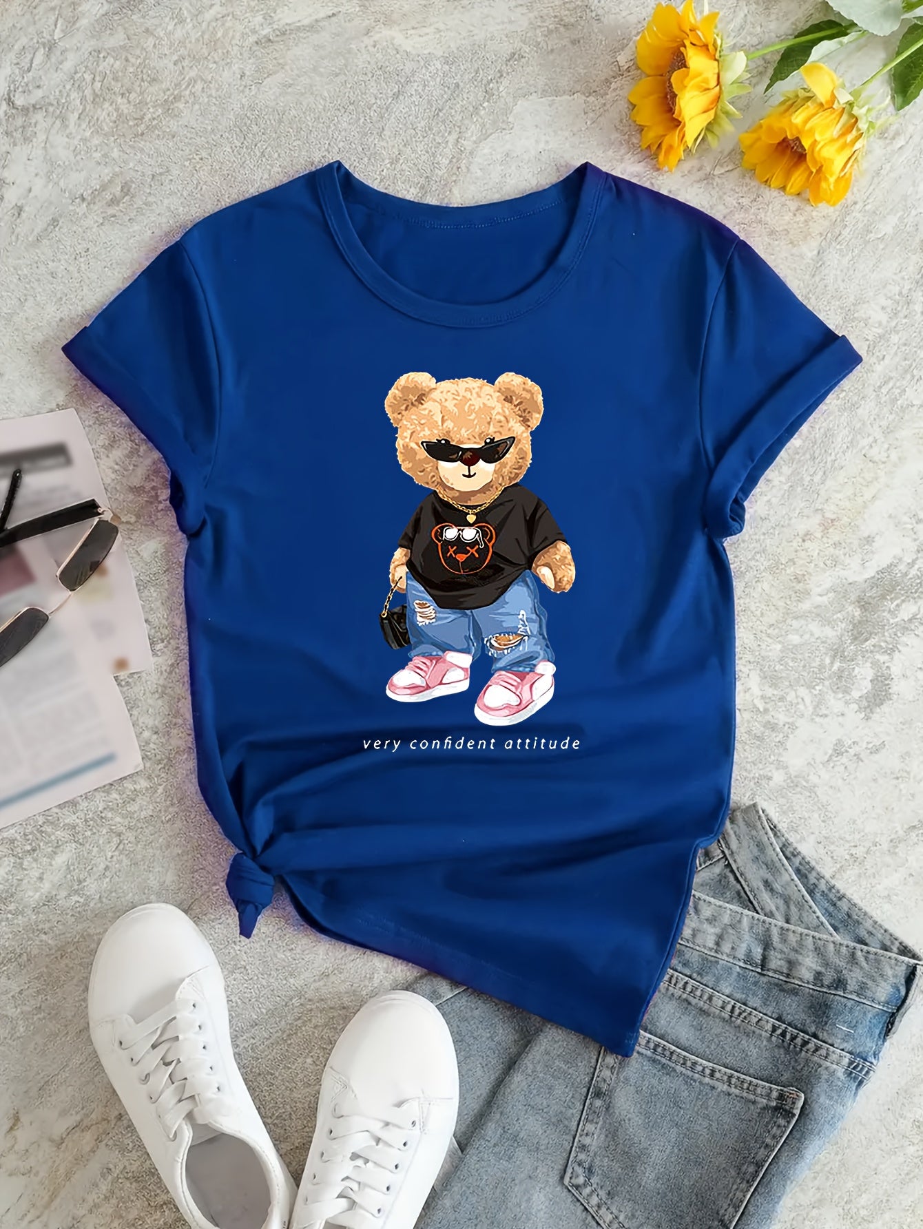 Cartoon Bear Print T-shirt, Short Sleeve Crew Neck Casual Top For Summer & Spring, Women's Clothing