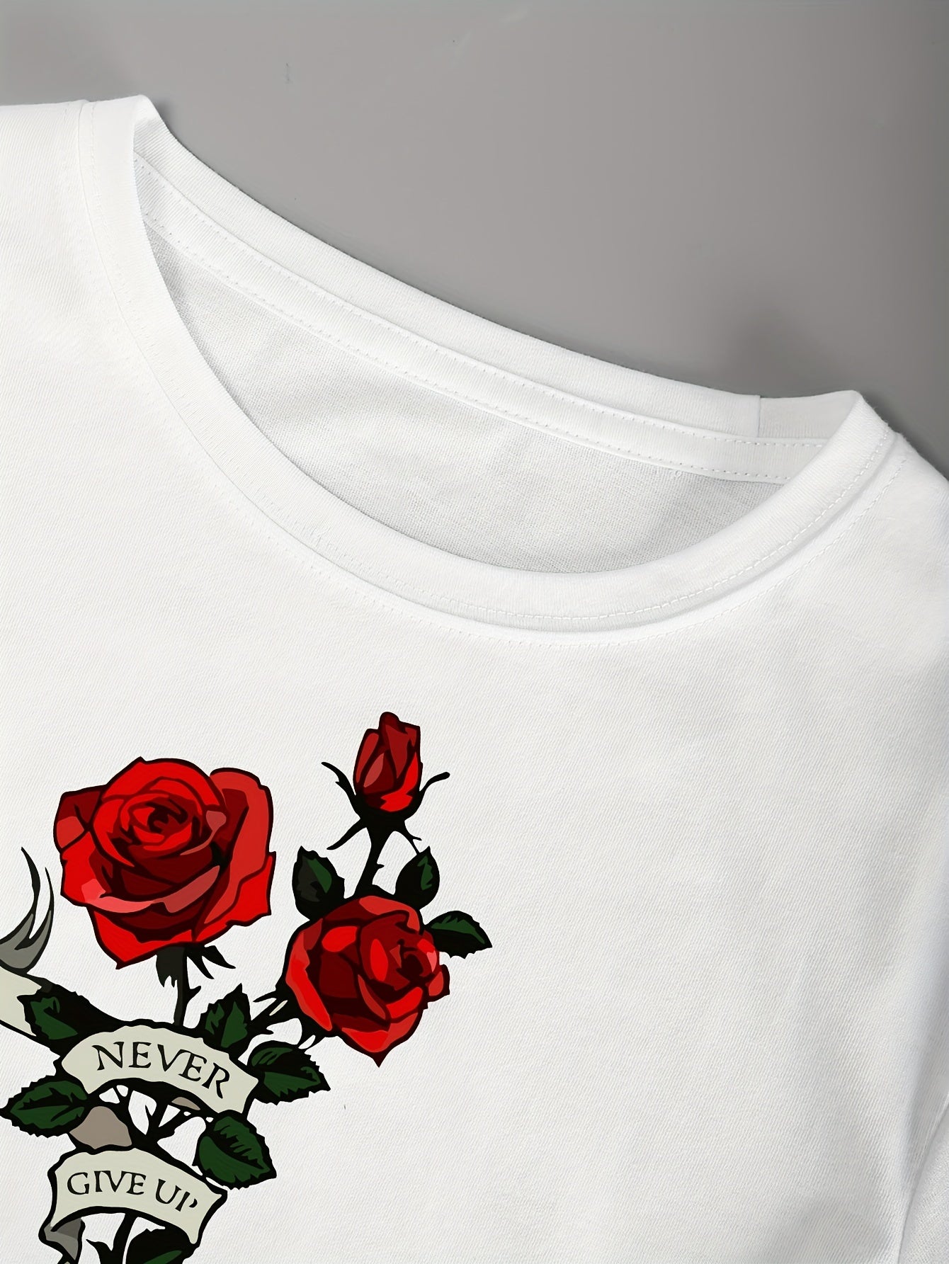 Roses Print Crew Neck T-Shirt, Casual Short Sleeve T-Shirt For Spring & Summer, Women's Clothing