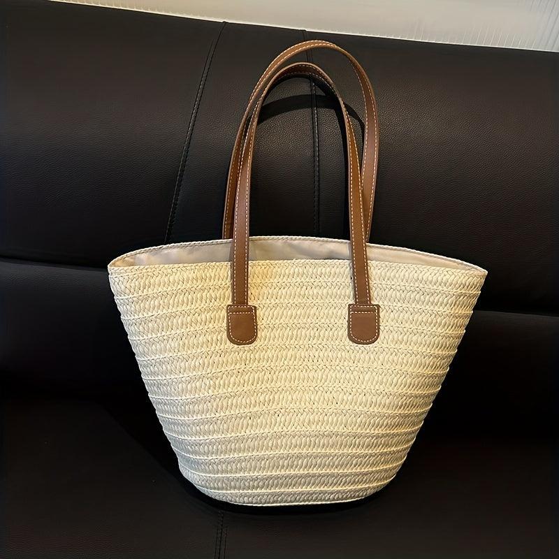 Woven Straw Tote Bag, Portable Double Handle Stylish Handbag, Zipper Braided Straw Slouchy French Style Beach Bag