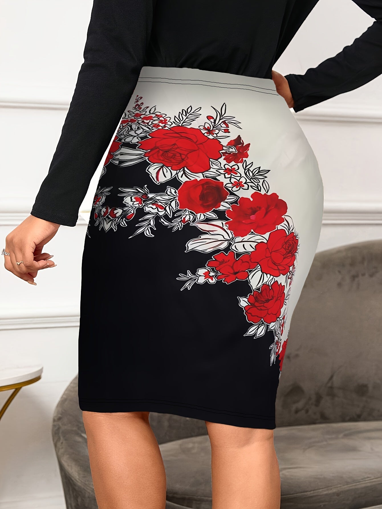 Floral Print Bodycon Skirt, Elegant High Waist Knee Length Skirt For Summer & Spring, Women's Clothing