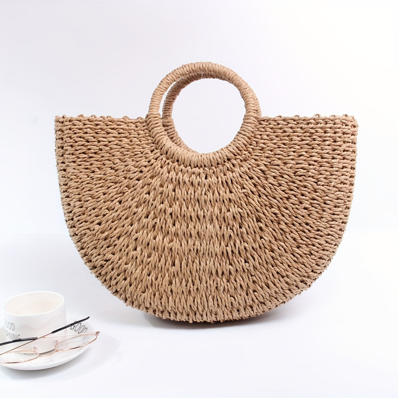 Vintage Straw Woven Handbags, Boho Style Crossbody Bag, Half Round Summer Beach Bag