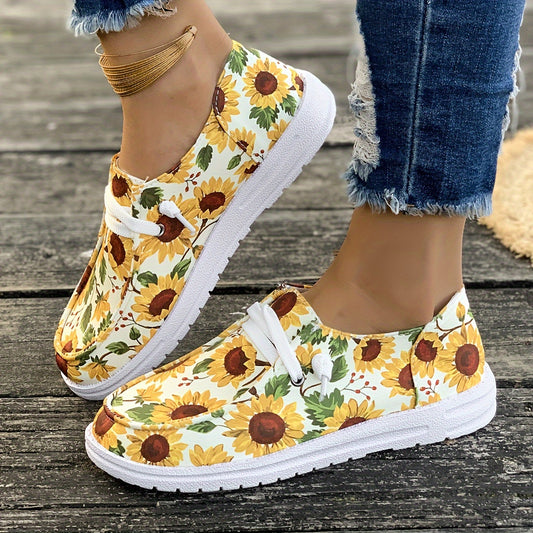 Women's Sunflowers Print Canvas Shoes, Casual Round Toe Low Top Flat Sneakers, Lightweight Walking Shoes