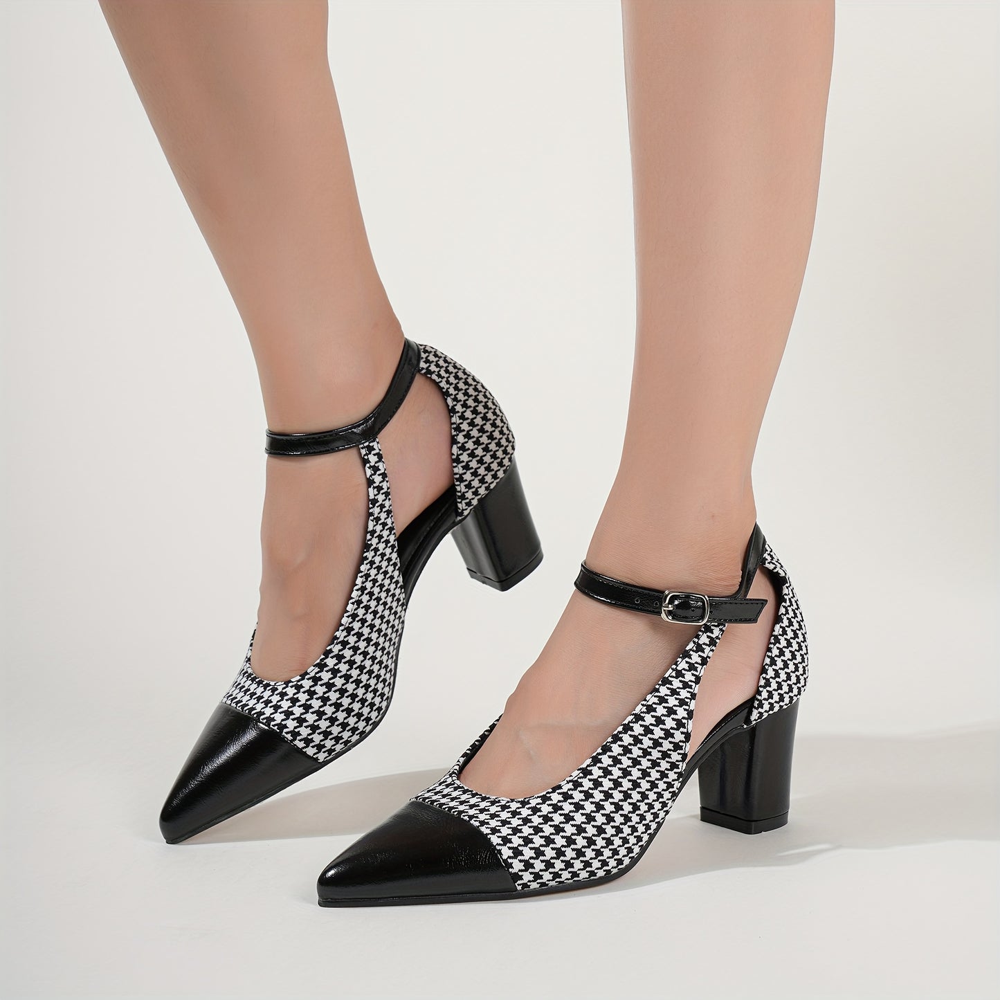 Women's Houndstooth Pattern Shoes, Ankle Buckle Strap Chunky Heel Soft Sole Shoes, Elegant Point Toe Dress Shoes