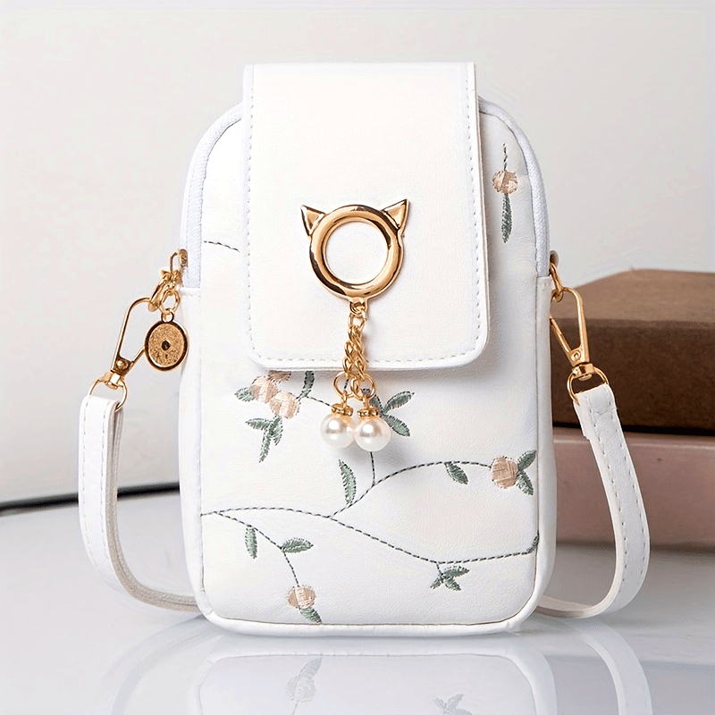 Fashion Embroidered Geometric Crossbody Bag PU Leather with Adjustable Strap, Lightweight Messenger Bag with Zipper Closure and Polyester Lining, Chic Metal Decor Shoulder Bag for Various Occasions