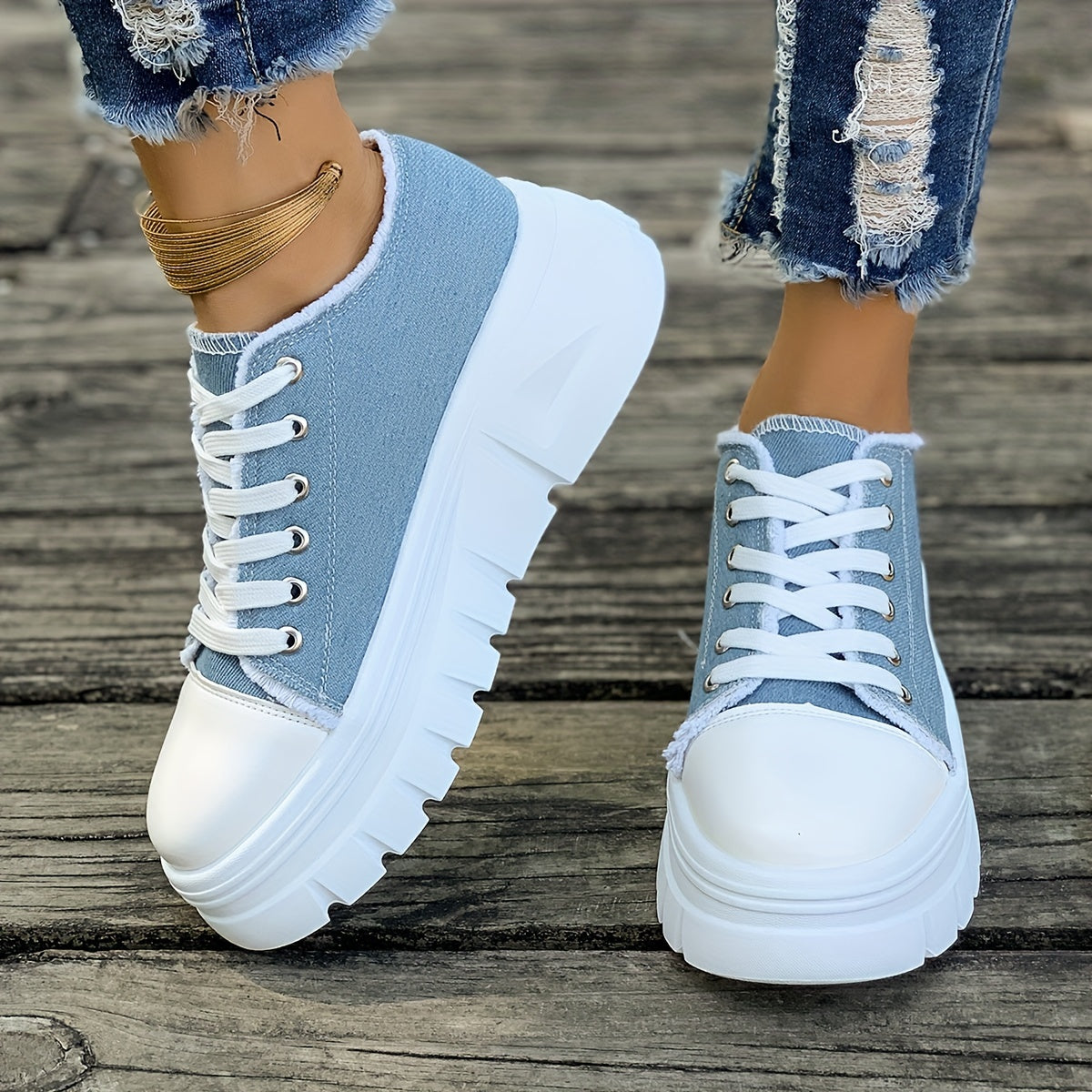 Chunky Platform Sneakers for Women: Casual, Low Top, Lace Up, Rubber Soles, Denim Fabric, Perfect for Fall 2024