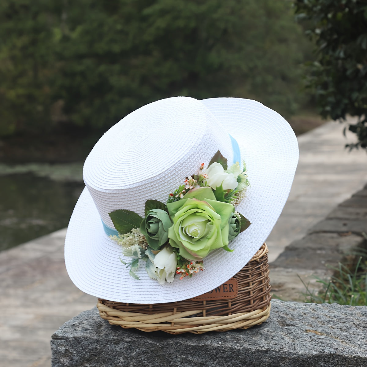 Handmade Flower Straw Hat Solid Color Elegant Beach Sunscreen Hat Small Top Hats Easter For Women