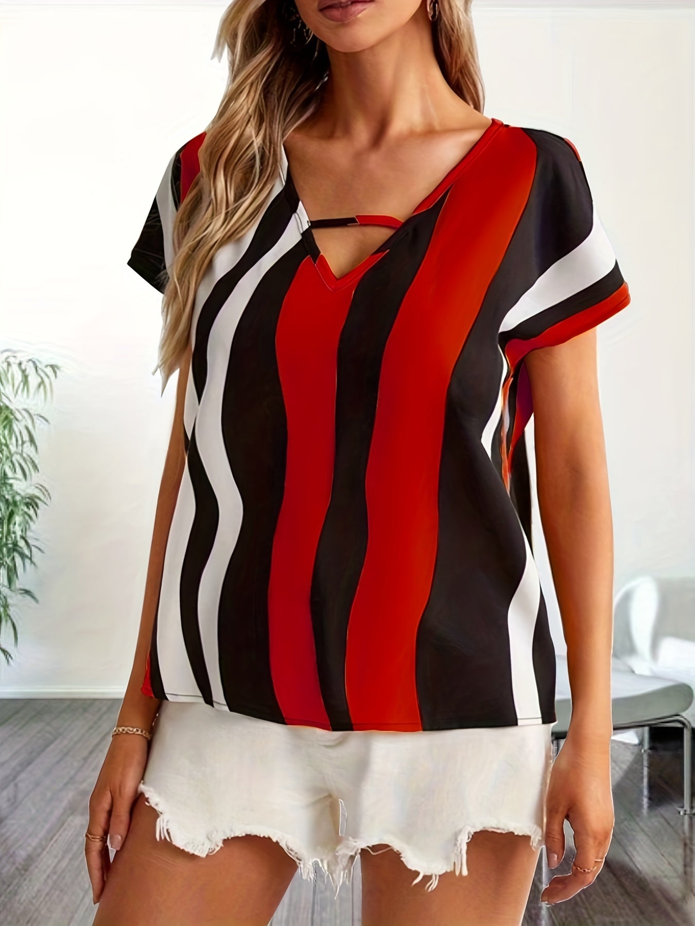 Color Block Striped V Neck Blouse, Elegant Short Sleeve Blouse For Spring & Summer, Women's Clothing