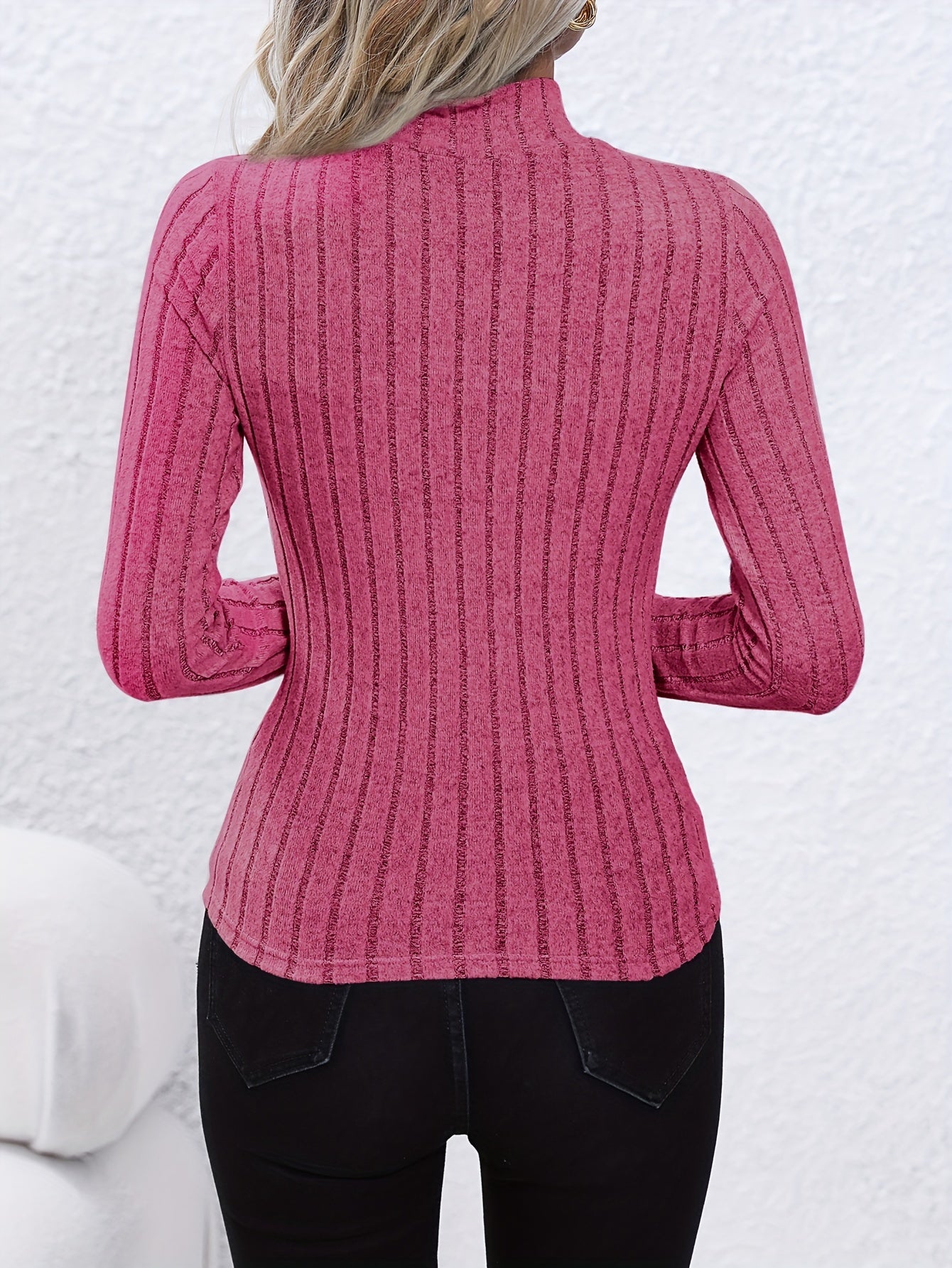 Solid Ribbed Mock Neck Pullover Sweater, Elegant Long Sleeve Sweater For Fall & Winter, Women's Clothing