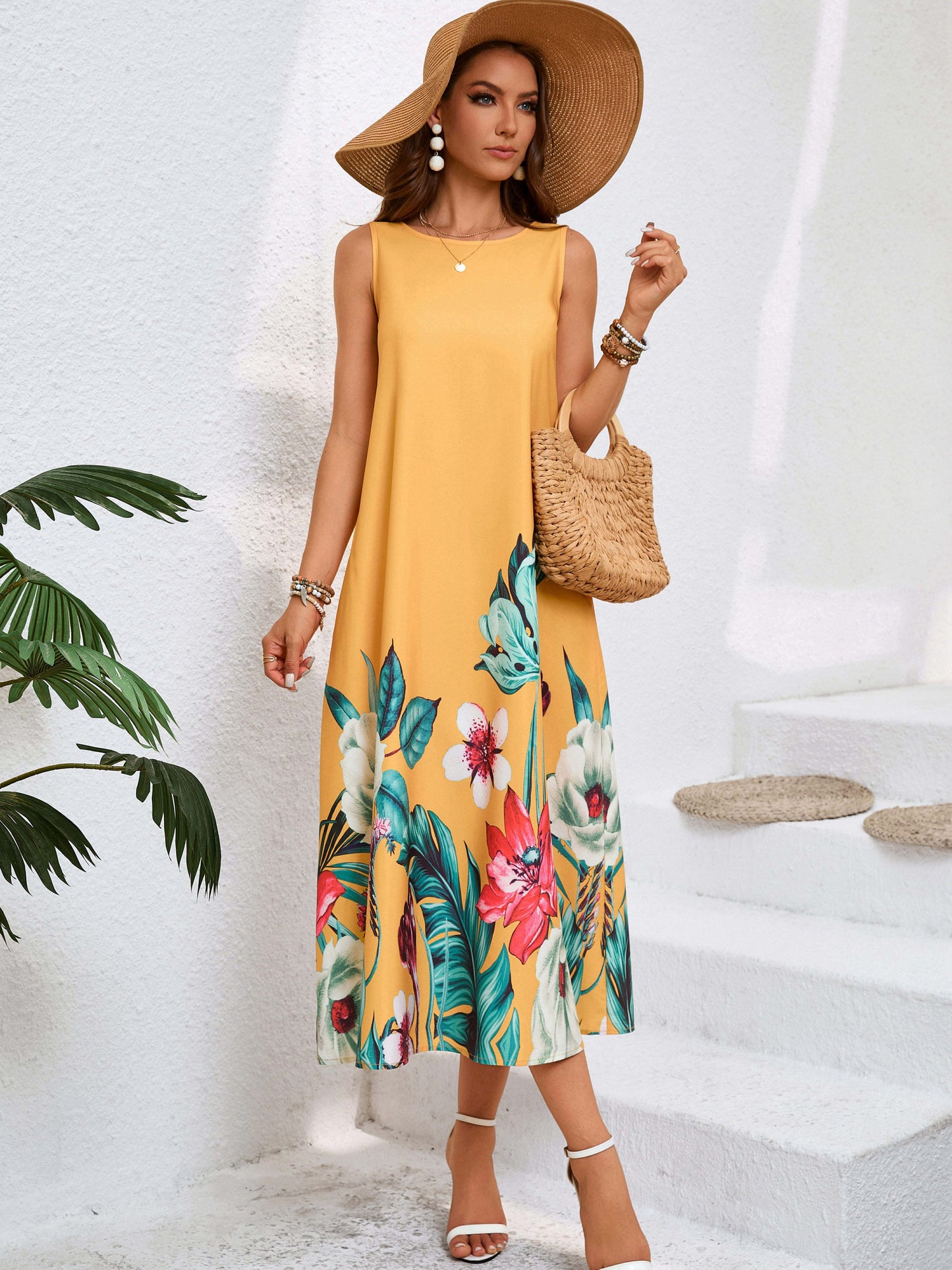 Floral Print Slant Pocket Tank Dress, Vacation Sleeveless Crew Neck Loose Maxi Dress, Women's Clothing