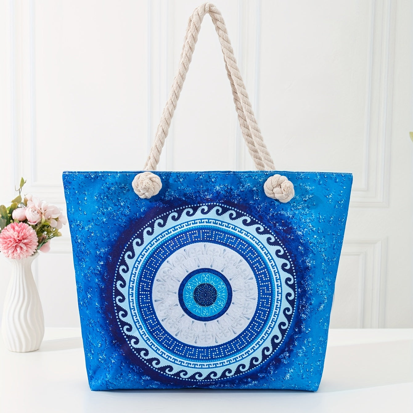 Large Capacity Ethnic Style Beach Bag with Evil Eye Graphic - Perfect for Halloween Festivals and Vacation Getaways